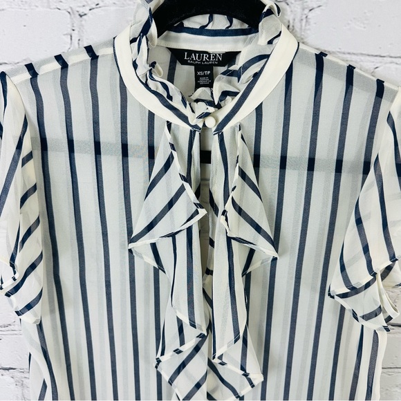 LAUREN RALPH LAUREN STRIPED RUFFLE TRIM CHIFFON BLOUSE SIZE (XSP). - Picture 9 of 14